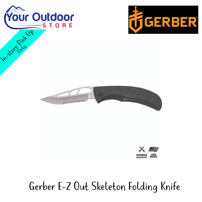 Gerber E-Z Out Skeleton Folding Knife | Hero Image Sowing All Logos And Titles.