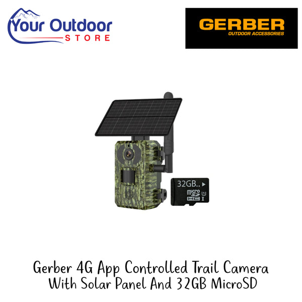 Gerber 4G App Controlled Trail Camera With Solar Panel And 32GB MicroSD | Hero Image Showing All Logos And Titles.