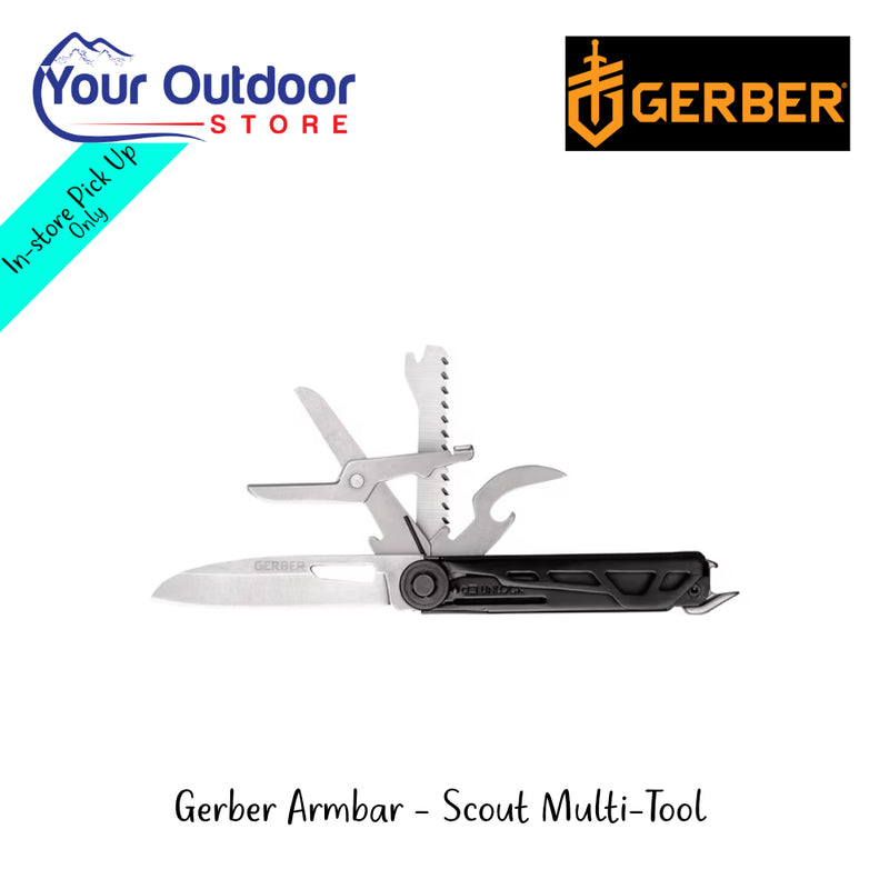 Gerber Armbar Scout Multi-Tool | Hero Image Showing All Titles And Logos.