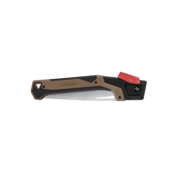 Coyote | Gerber Bush Craft Folding Saw With Sheath Image Showing Saw Folded Down For Travel, Safety And Storage.