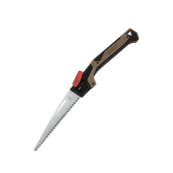 Coyote | Gerber Bush Craft Folding Saw With Sheath Image Showing Blade Out View.