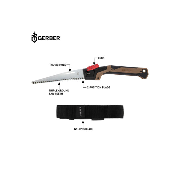 Coyote | Gerber Bush Craft Folding Saw With Sheath Image Showing Features Of The Saw.