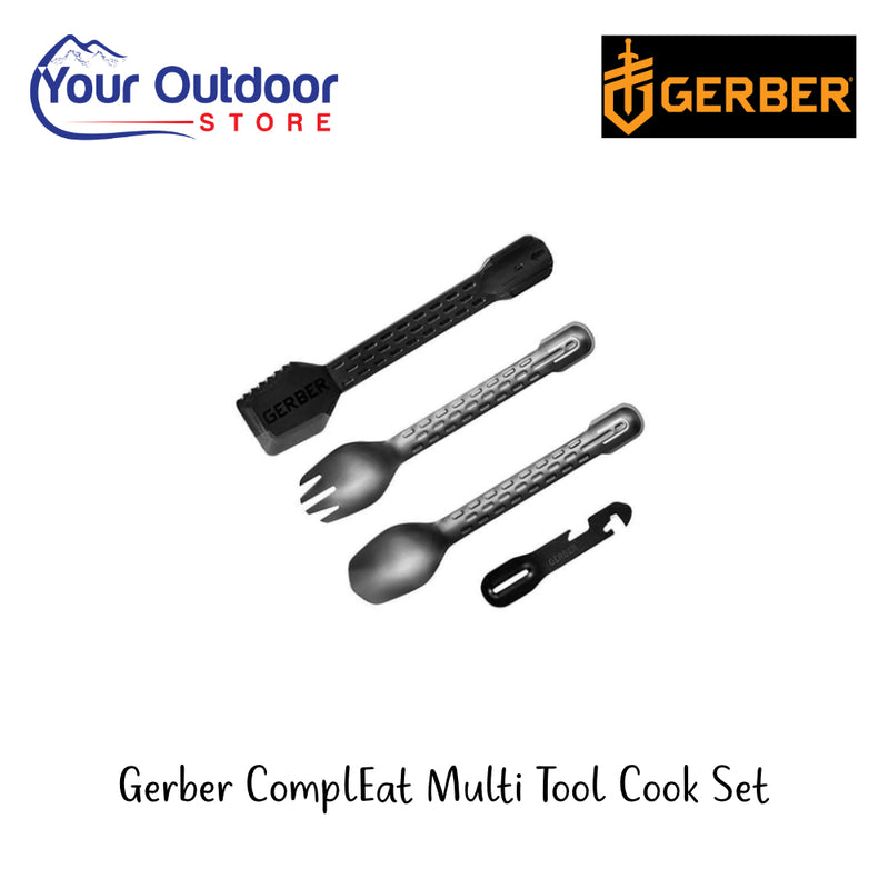 Gerber ComplEat Multi-Tool Cook Set | Hero Image Showing All Logos And Titles.