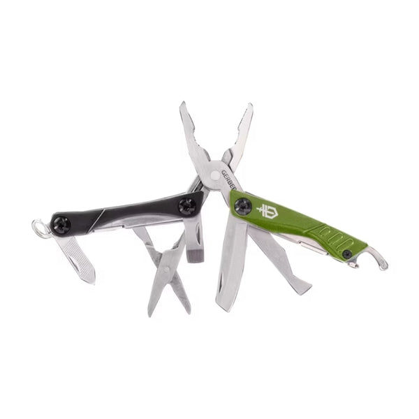Green | Gerber Dime Micro Multi Plier. Fully Opened Showing All Tools. 