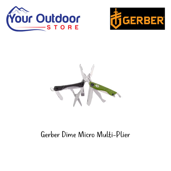Gerber Dime Micro Multi Plier - Green. Hero Image Showing Logos and Title. 