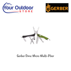 Gerber Dime Micro Multi Plier - Green. Hero Image Showing Logos and Title. 