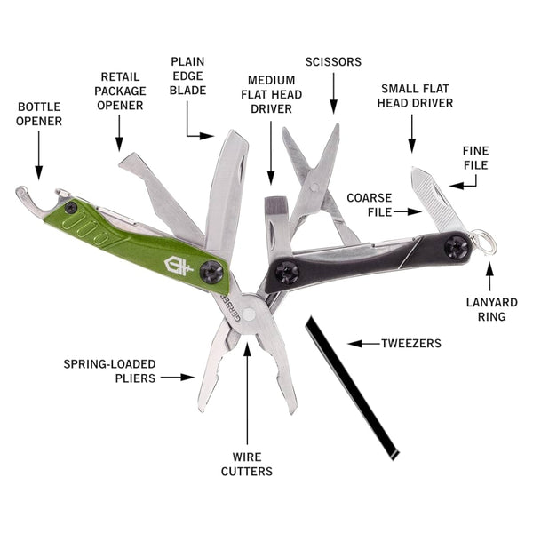 Olive/Black | Gerber Dime Multi-Plier Image Showing All Tools.