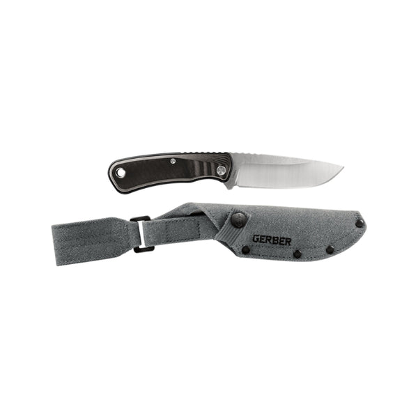 Black | Gerber DownWind Drop Point Fixed Blade, Knife And Sheath | Image Showing No Logos or Titles.