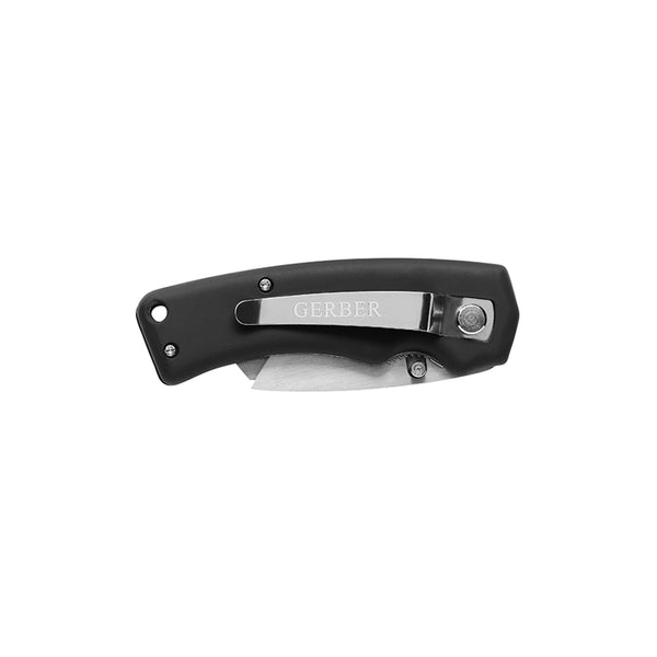 Black | Gerber Edge Tachide Rubber Handle Folding Utility Knife Image Showing Knife Closed, With Pocket Clip In View.
