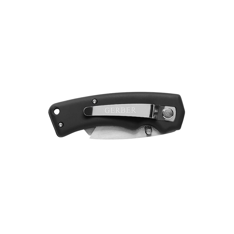 Black | Gerber Edge Tachide Rubber Handle Folding Utility Knife Image Showing Knife Closed, With Pocket Clip In View.