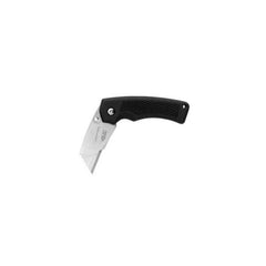 Black | Gerber Edge Tachide Rubber Handle Folding Utility Knife Image Showing Knife Half Folded, Blade Pointing Down.