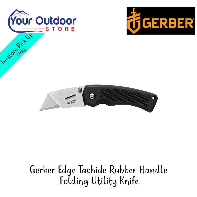 Gerber Edge Tachide Rubber Handle Utility Knife | Hero Image Showing All Logos And Titles.