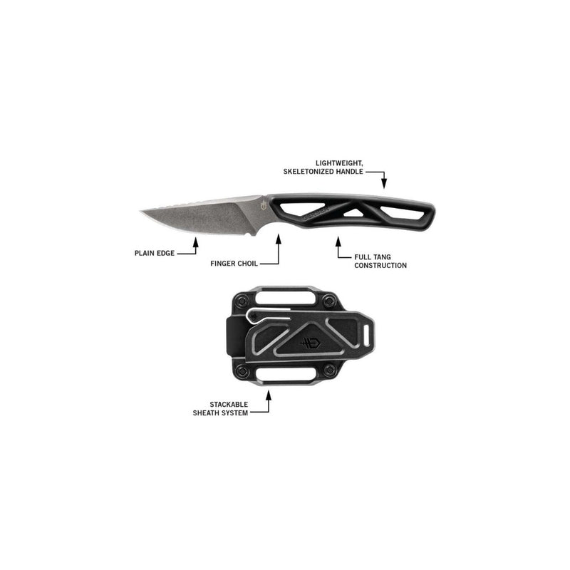 Black | Gerber Exo Mod Fixed Blade Caper Knife Image Showing Knife And Sheath Features.