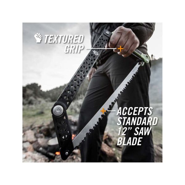 Black / Green | Gerber Freescape Folding Camp Saw. Showing Textured Blade and 12