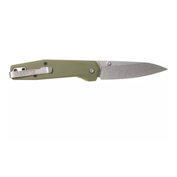 Green | Gerber Fuse Folding Knife. Other Side View - Blade Open and Showing Pocket Clip. 