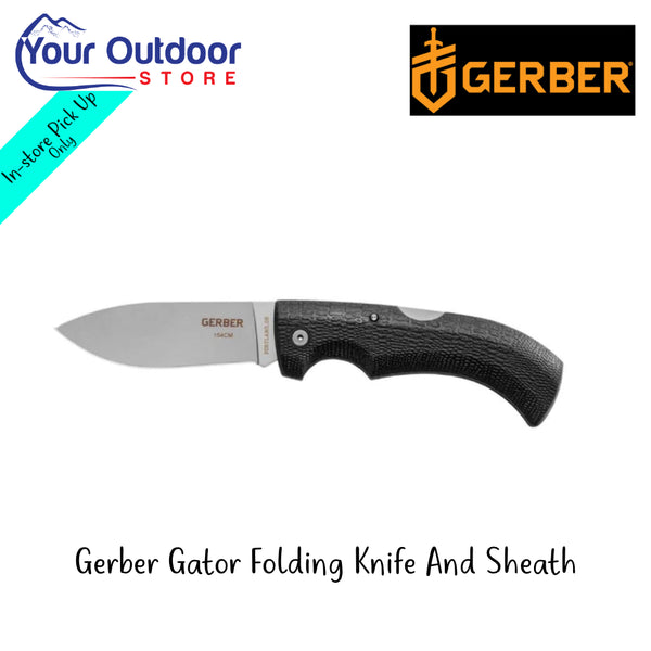 Gerber Gator Folding Knife And Sheath | Hero Image Showing All Logos And Titles.