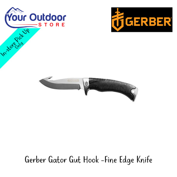 Geber Gator Gut Hook - Fine Edge Knife | Hero Image Showing All Logos And Titles.