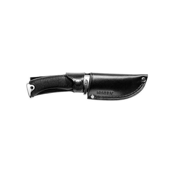 Black | Gerber Gator Gut Hook - Fine Edge Knife Image Showing Knife Inside Of Its Sheath, Front View. 