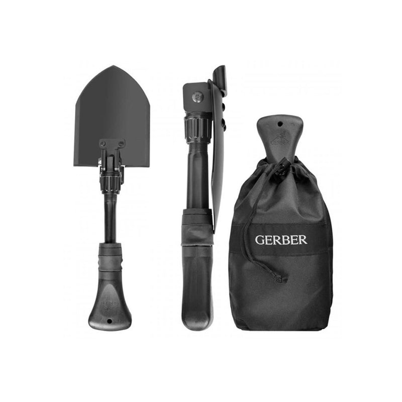 Black | Gerber Gorge Folding Shovel With Nylon Bag Image Showing Shovel Open, Folded Side View And The Nylon Bag With The Shovel Fold In It.