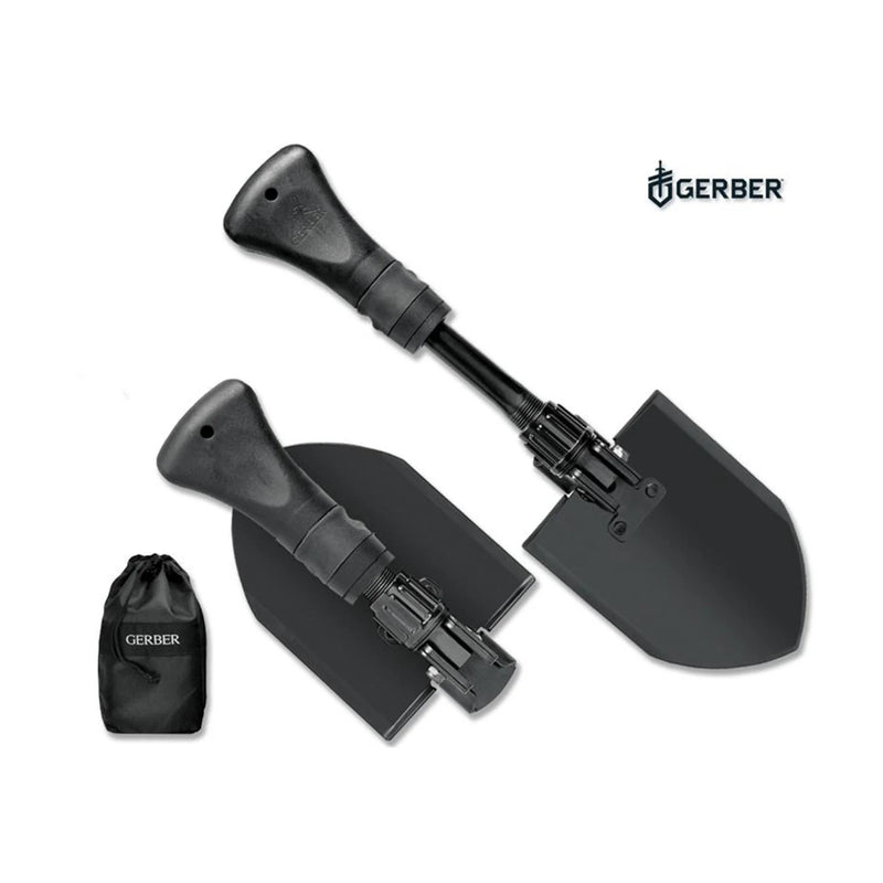 Black | Gerber Gorge Folding Shovel With Nylon Bag Image Showing No Logos Or Titles.