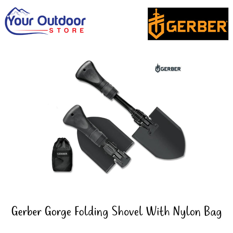 Gerber Gorge Folding Shovel With Nylon Bag | Hero Image Showing All Logos And Titles.