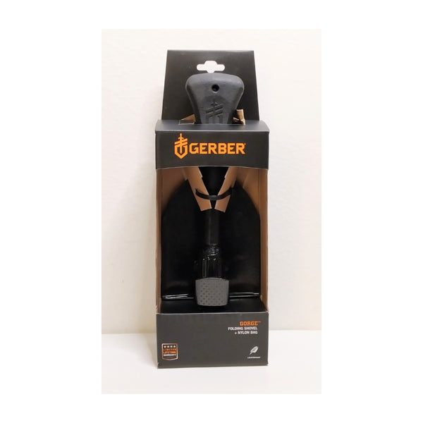 Black | Gerber Gorge Folding Shovel With Nylon Bag Image Showing Shovel In Its Packaging.