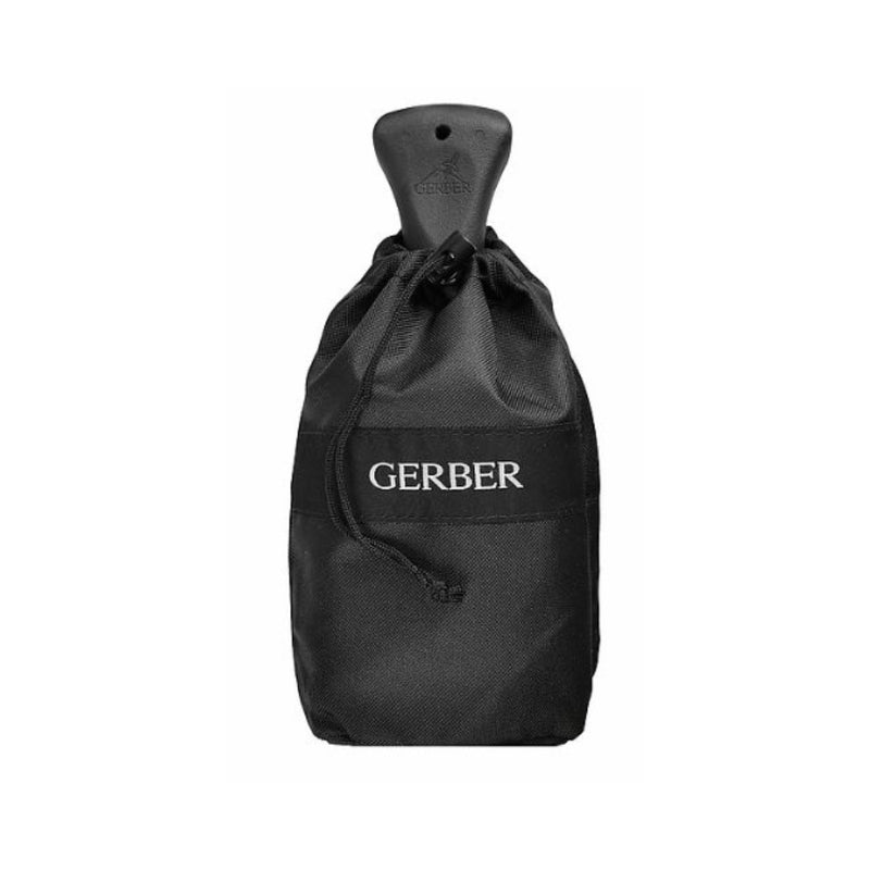 Black | Geber Gorge Folding Shovel With Nylon Bag Image Showing Nylon Bag With Folded Shovel Inside, Handle Sticking Out.