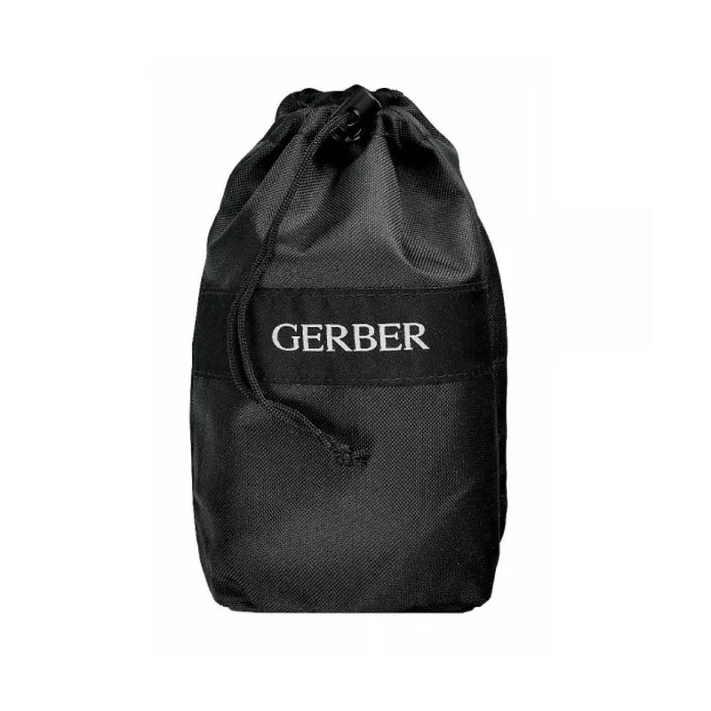 Black | Gerber Gorge Folding Shovel With Nylon Bag Image Showing Nylon Bag Closed.