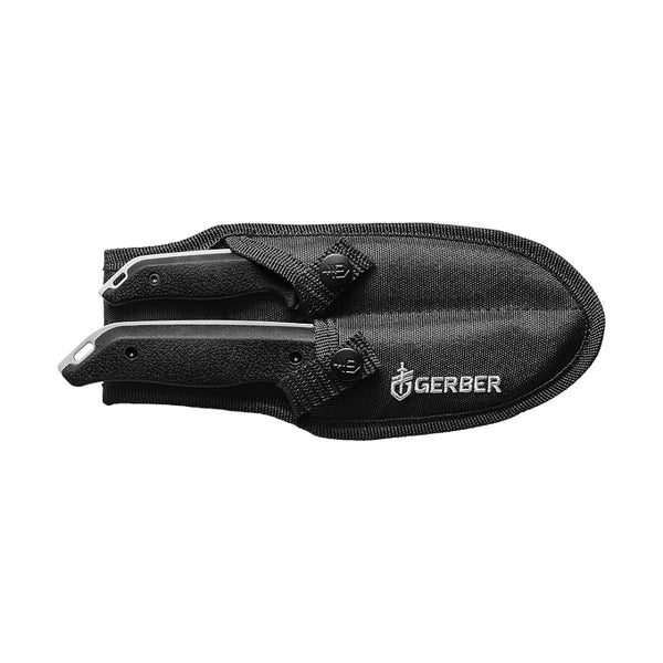 Black | Gerber Hunting Field Cleaning Kit Fixed Blade Knives. Showing Both Knives in Sheath. 