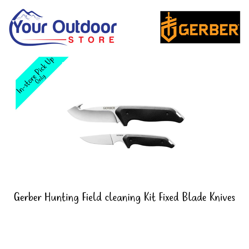 Gerber Hunting Field Cleaning Kit Fixed Blade Knives. Hero Image Showing Logos and Title. 