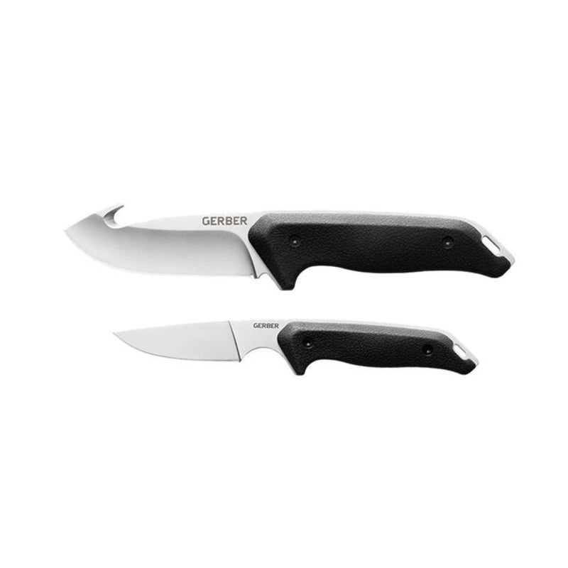 Black | Gerber Hunting Field Cleaning Kit Fixed Blade Knives. Side View of Knives Beside Each Other. 