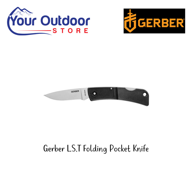 Gerber L.S.T Folding Pocket Knife. Hero Image Showing Logos and Title. 
