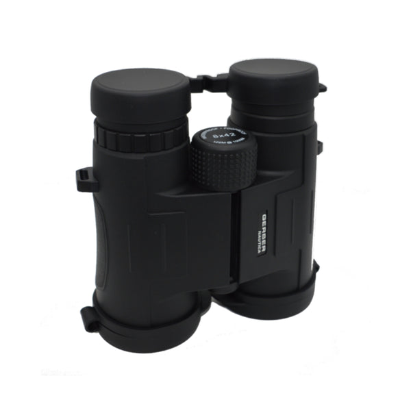 Black | Gerber Nautica Series 8x42 Binocular. Angled Front View with Protective Lens Covers On.