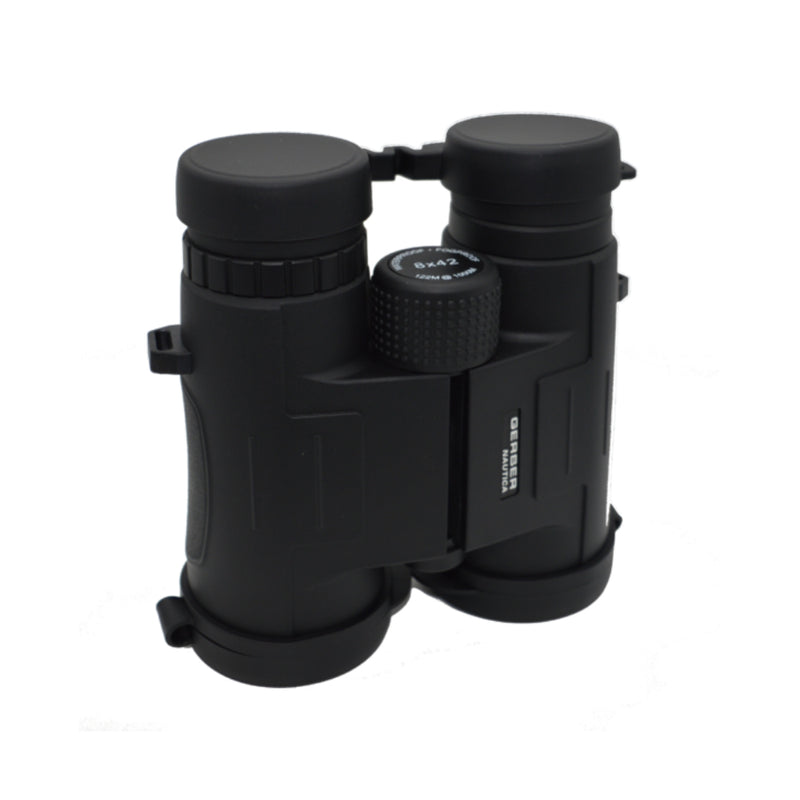 Black | Gerber Nautica Series 8x42 Binocular. Angled Front View with Protective Lens Covers On.