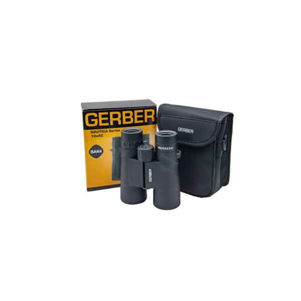 Black | Gerber Nautica Series II 8X42 Binoculars Image Showing Binoculars, Case And Box.