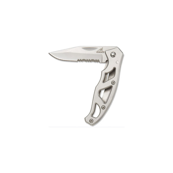 Stainless | Gerber Paraframe Mini Clip Folding Knife Image Showing Knife Half Folded.