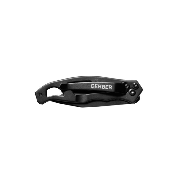 Black | Gerber Paraframe Mini Tanto Clip Folding Knife Image Showing Knife Closed, With Pocket Clip On Display.