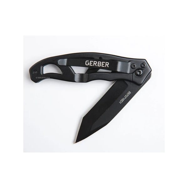 Black | Gerber Paraframe Mini Tanto Clip Folding Knife Image Showing Knife Half Closed, Pocket Clip In View.