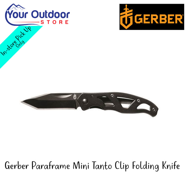 Gerber Paraframe Mini Tanto Clip Folding Knife | Hero Image Showing All Logos And Titles.