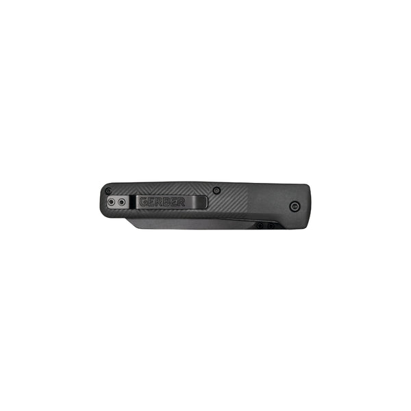 Black | Gerber Clip  Folding Knife Image Showing Folded With Pocket Clip On Display.