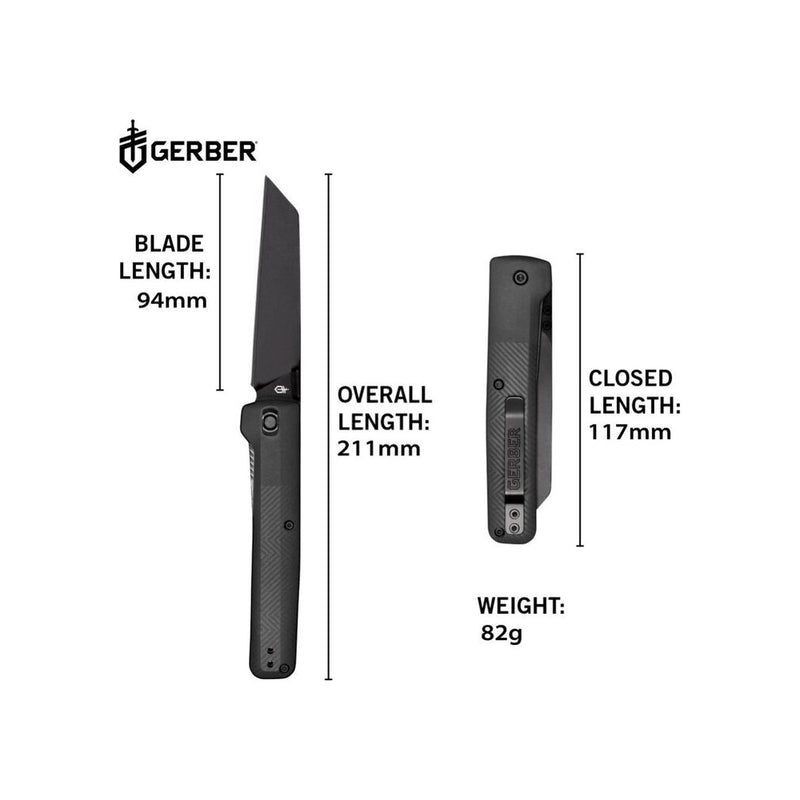 Black | Gerber Pledge Clip Folding Knife Image Showing Measurement's Of Knife.
 