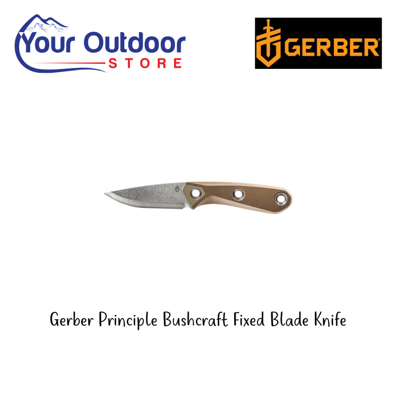 Gerber Principle Bushcraft Fixed Blade Knife. Hero Image Showing Logos and Title. 