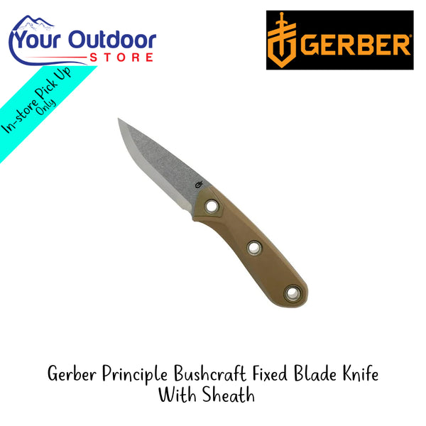 Gerber Principle Bushcraft Fixed Blade Knife With Sheath | Hero Image Showing All Logos And Titles.