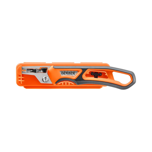 Black / Orange | Gerber Randy Newberg Exchangeable Blade System Image Showing Handle Attached To The Protective Case For The Blades.