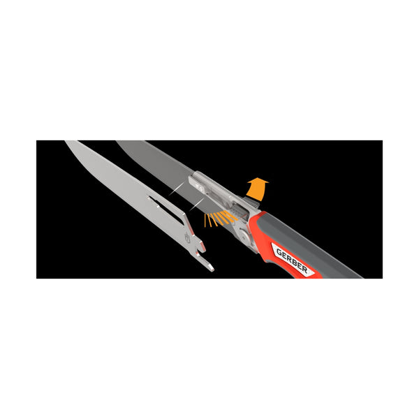 Black / Orange | Gerber Randy Newberg Exchangeable Blade System Image Showing How The Blade Attaches To The Handle.