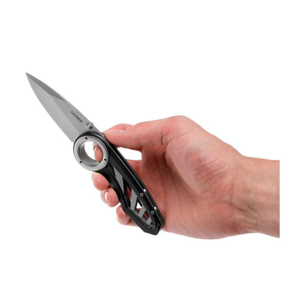 Grey | Gerber Remix Clip Folding Knife Image Showing Blade Open In  Persons Hand.