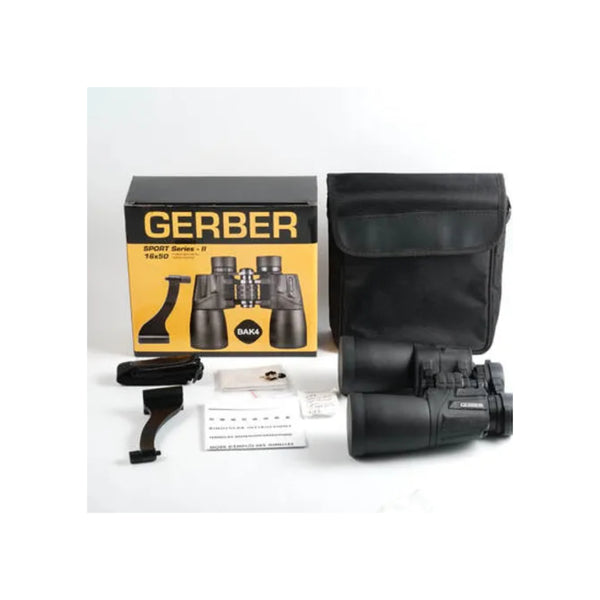 Black | Gerber Sport Series II 16x50 With Tripod Adaptor Image Showing Everything You Receive When You Purchase The Gerber Sport Series II 16x50. 