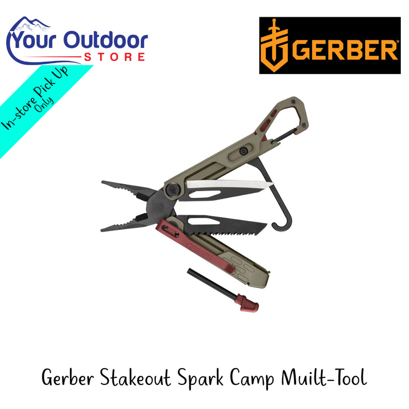 Gerber Stakeout Strike Camp Multi-Tool | Hero Image Showing All Logos And Titles.