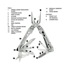 Stainless Steel | Gerber Suspension NXT Multi Tool. Shown Open with Numbers Matching Blades. 