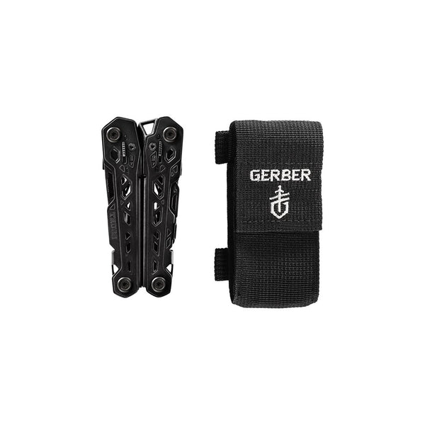 Black | Gerber Truss Multi-Tool Image Showing Multi-Tool Closed Next To The Supplied Sheath.